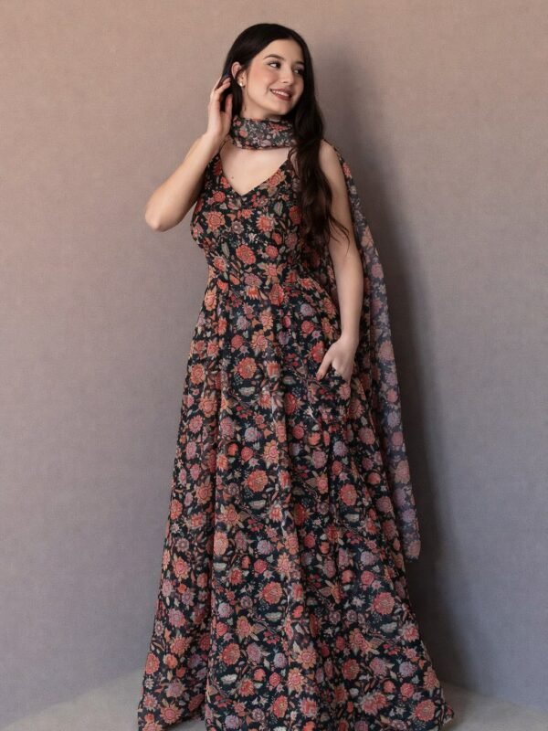 Midnight Blossom Printed Anarkali Dress with Dupatta