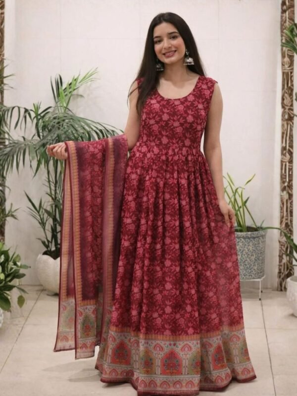 Ruby Bloom Printed Anarkali Dress with Dupatta