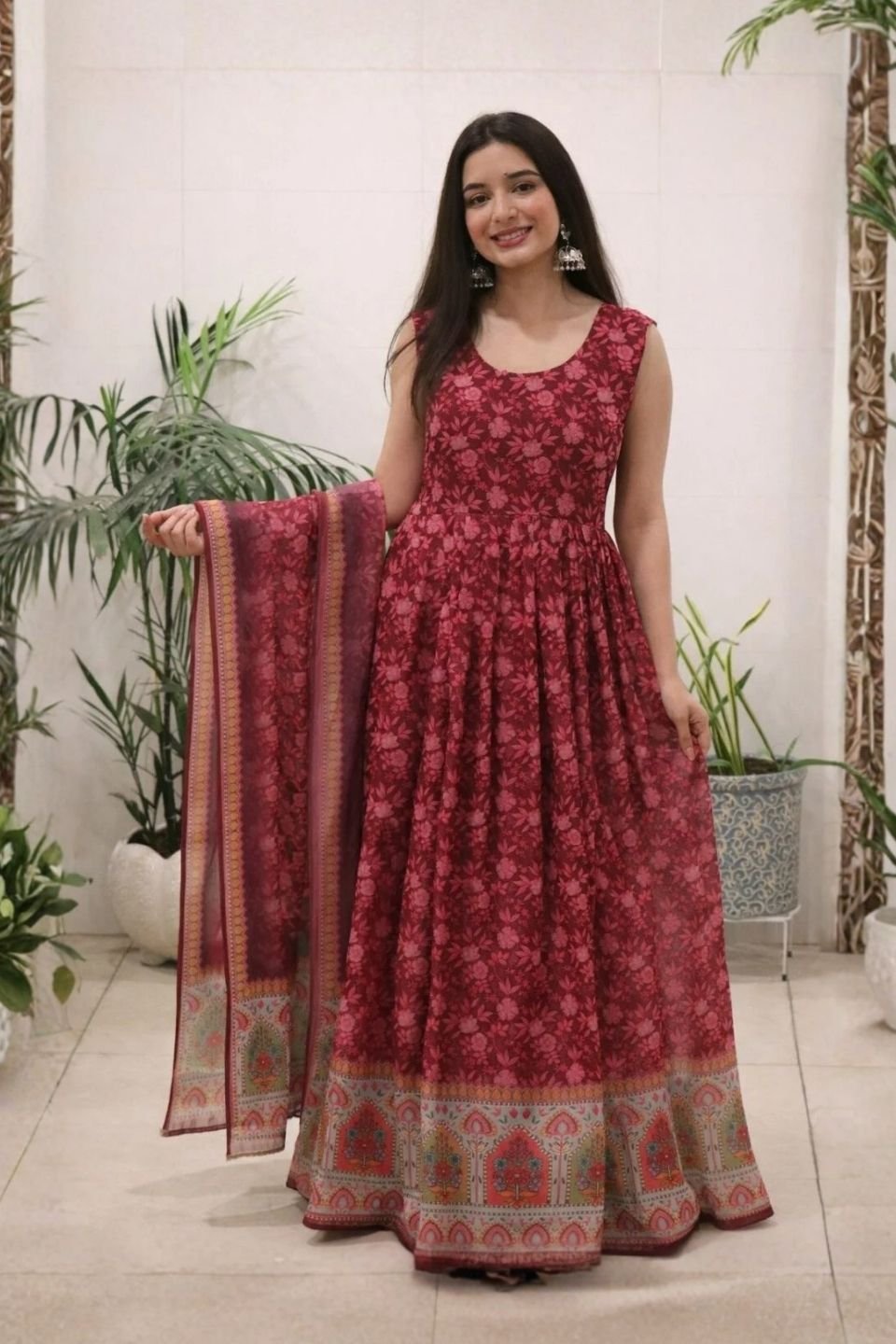 Ruby Bloom Printed Anarkali Dress with Dupatta